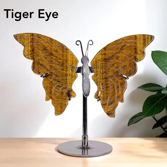 🆕New Healing Tiger Eye Butterfly Wings with Stand-Hand Carved Decor - Picture 6 of 7